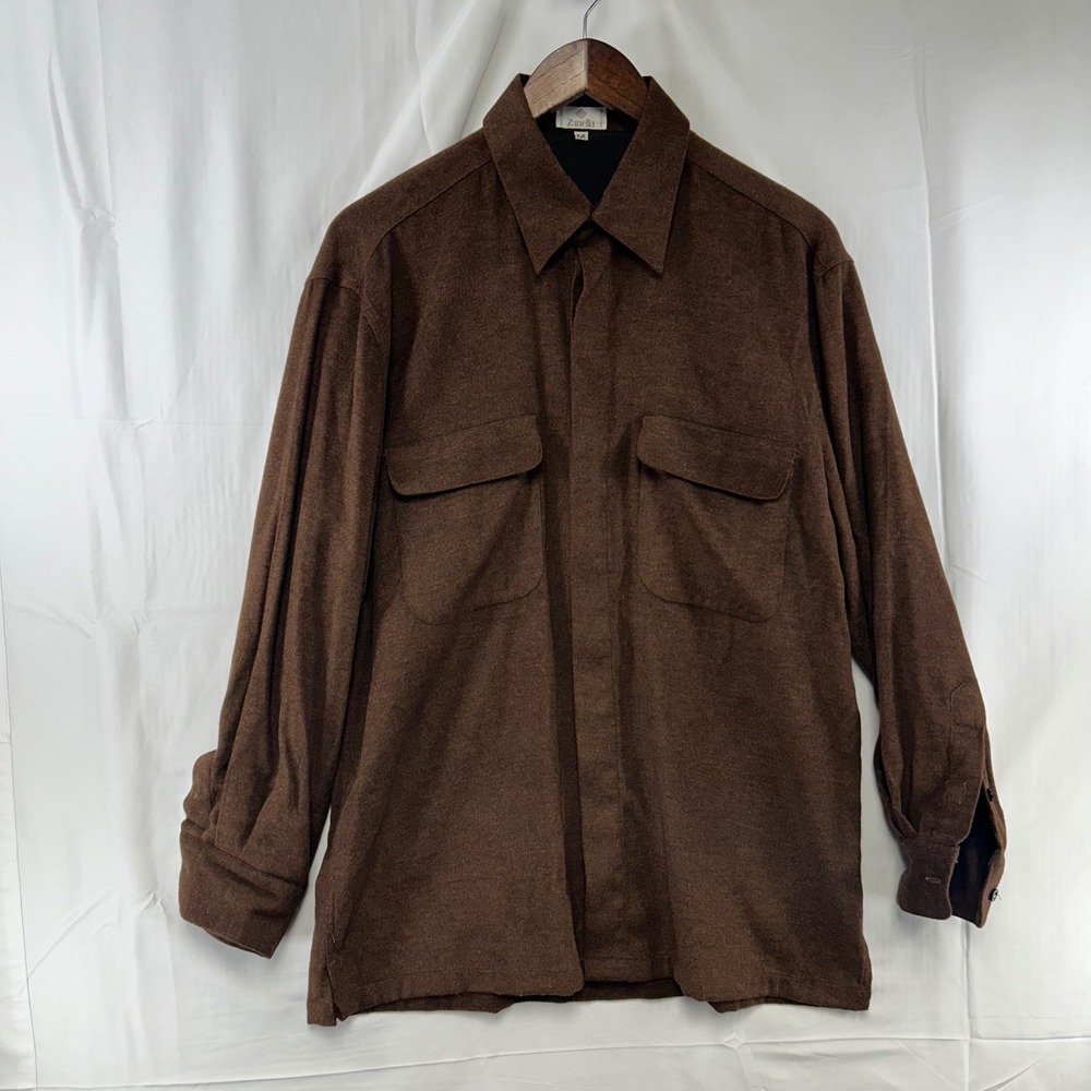 Zanella Button Down Shirt Mens M Brown Italy Viscose Blend Hidden Placket Pocket